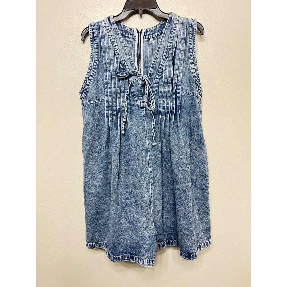 Vintage Acid Wash Denim Pintuck Romper Sleeveless Blue Jumpsuit Jumper Short